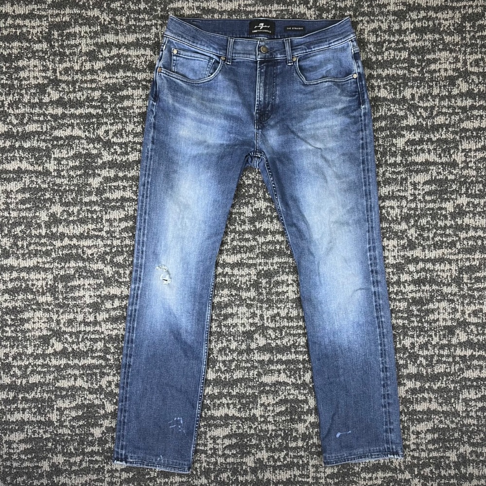 7 For All Mankind The Straight Jeans Mens 32 Blue Luxe Performance Distressed